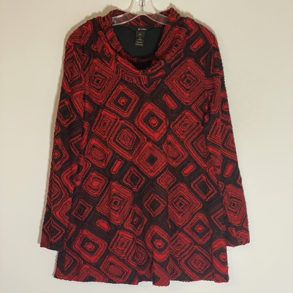 Ali Miles Top Pullover Womens Large Red Black Cowl Neck Lined Wearable Art Tunic